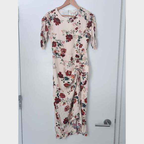 Maje Floral Print Ruched Midi Dress with Adjustable Drawstring Slit Size 2 - Picture 2 of 9